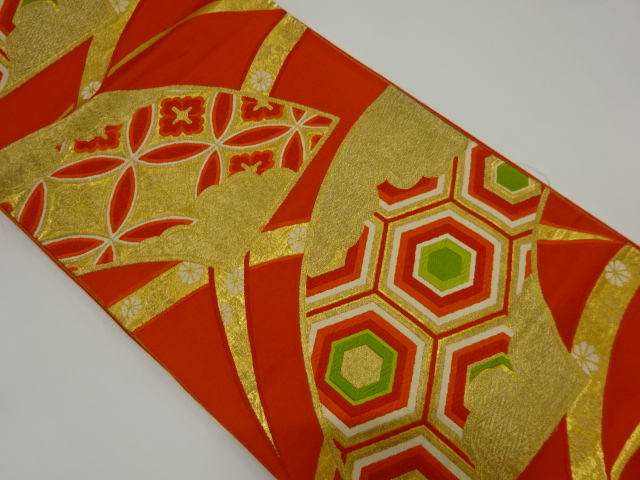 アンティーク　地紙に芝草・古典柄模様織出し袋帯（材料）